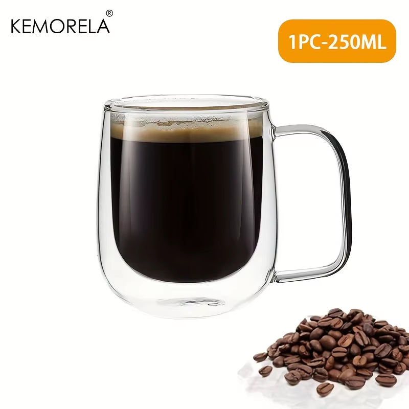 1/2PCS Double Wall Coffee Cup with Handle Clear Glass Coffee Cup for Ice Coffee Tea Cup Latte Drink Heat Resistant Mugs