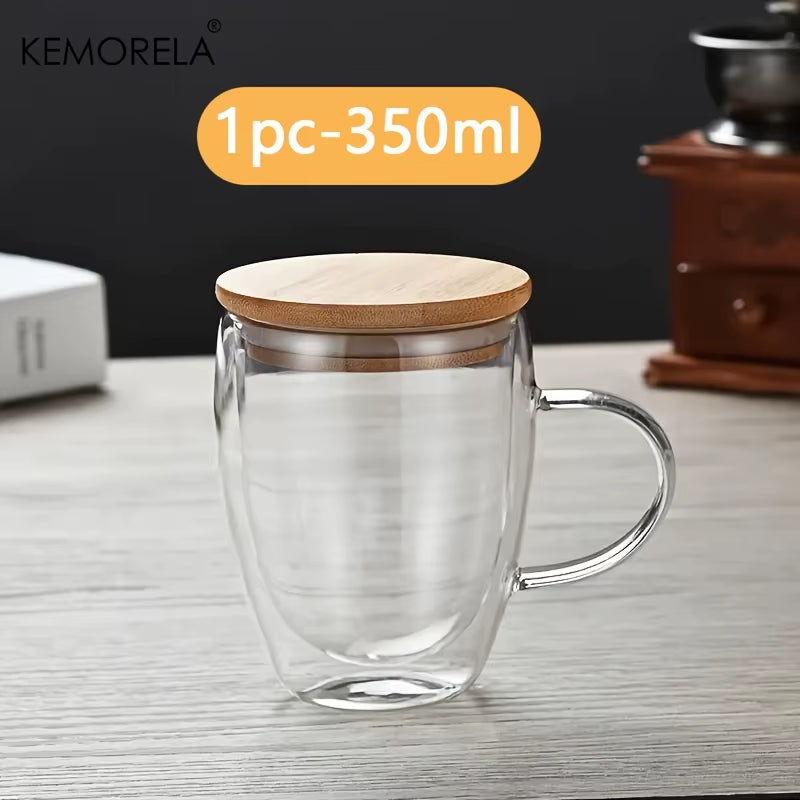 Double Walled Glass Coffee Mug 350/450ML with Bamboo Lid Clear Mug with Handles for Hot Beverages like Cappuccino