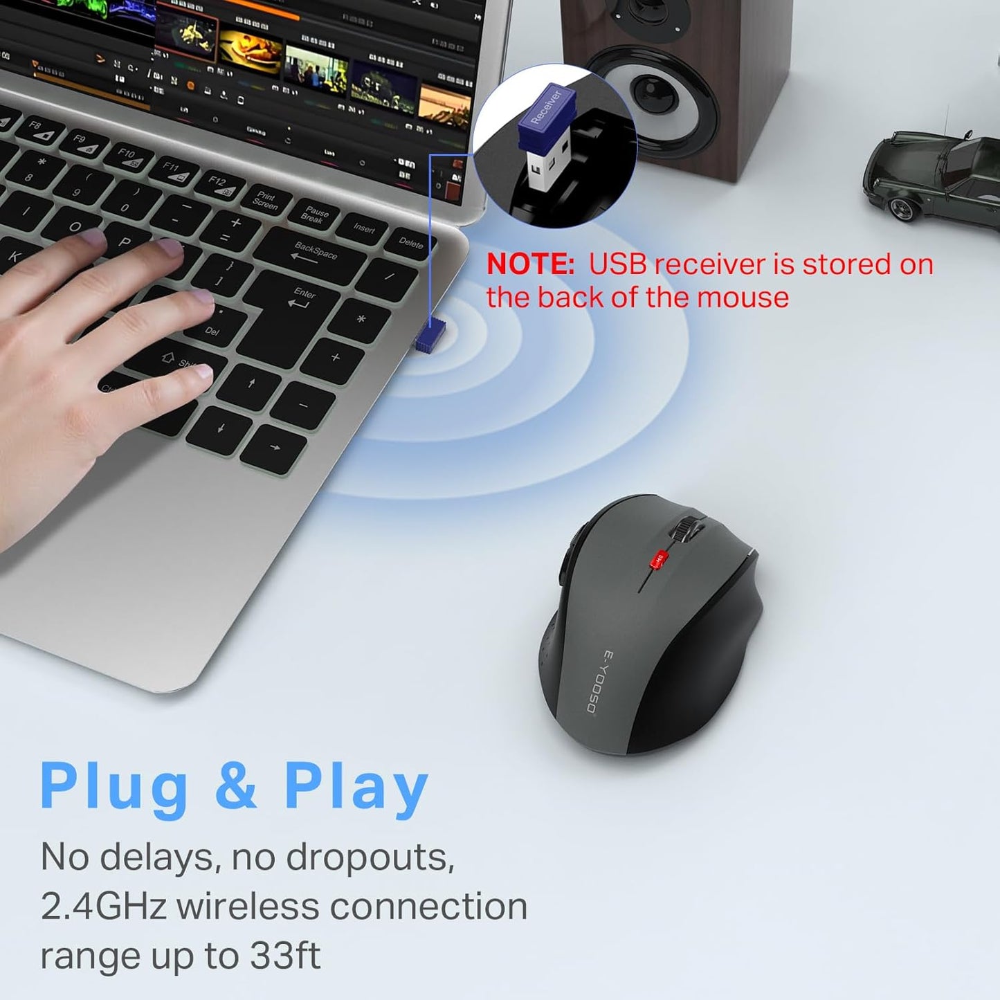 Wireless Mouse for Laptop, Portable Optical Computer Mouse, 6 Buttons, Cordless 2.4Ghz with USB Receiver, 5-Level 4800 DPI, 18 Months Battery Life for PC Chromebook Windows Mac