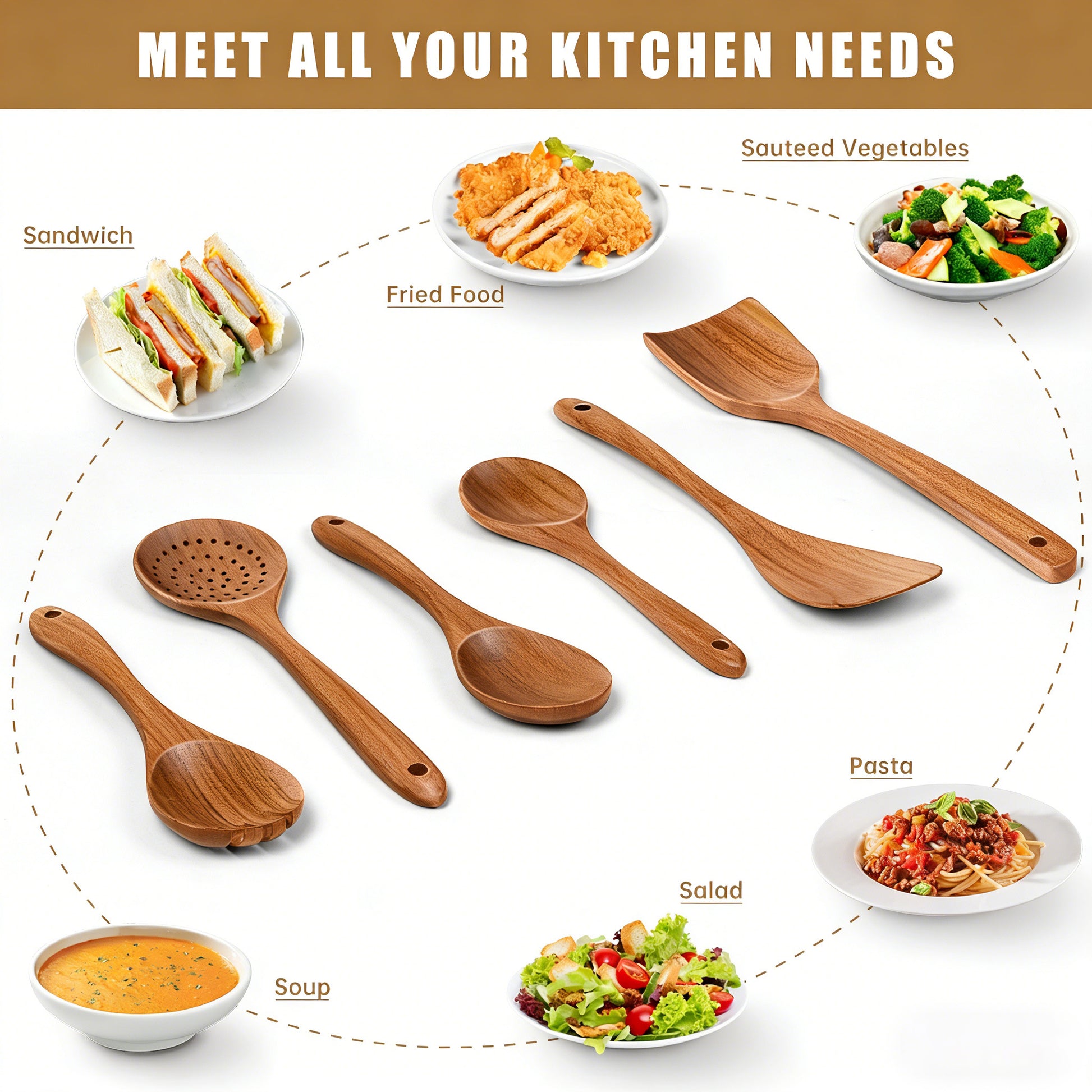 Wooden Spoons for Cooking, 6 PCS Teak Wood Cooking Utensil Set, Wooden Kitchen Utensils for Nonstick Pans & Cookware, Spoons and Spatula Set, Sturdy, Lightweight & Heat Resistant