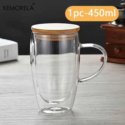 Double Walled Glass Coffee Mug 350/450ML with Bamboo Lid Clear Mug with Handles for Hot Beverages like Cappuccino
