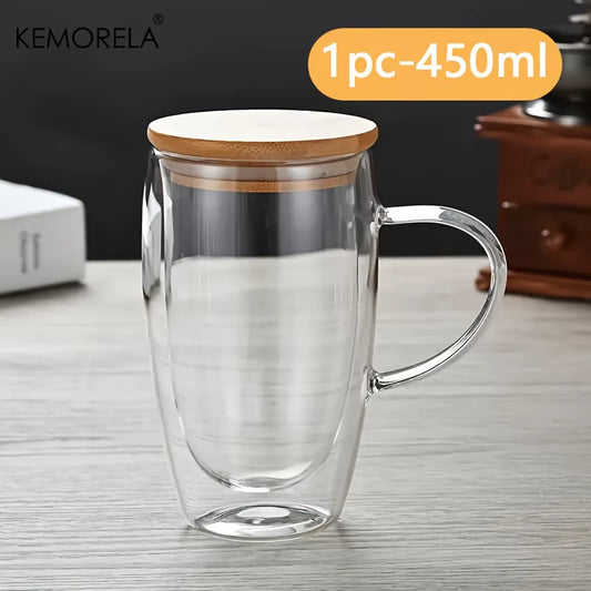 Double Walled Glass Coffee Mug 350/450ML with Bamboo Lid Clear Mug with Handles for Hot Beverages like Cappuccino