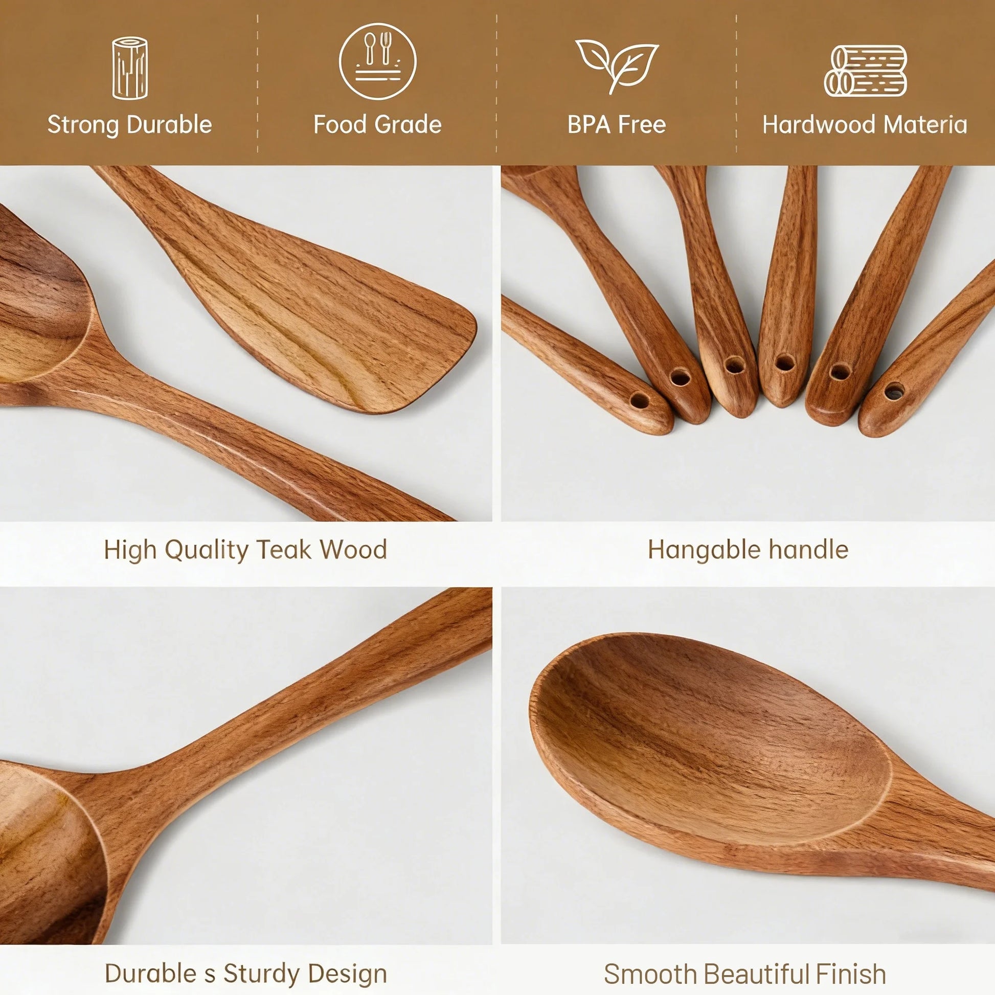 Wooden Spoons for Cooking, 6 PCS Teak Wood Cooking Utensil Set, Wooden Kitchen Utensils for Nonstick Pans & Cookware, Spoons and Spatula Set, Sturdy, Lightweight & Heat Resistant