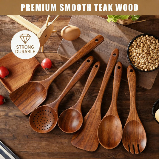 Wooden Spoons for Cooking, 6 PCS Teak Wood Cooking Utensil Set, Wooden Kitchen Utensils for Nonstick Pans & Cookware, Spoons and Spatula Set, Sturdy, Lightweight & Heat Resistant