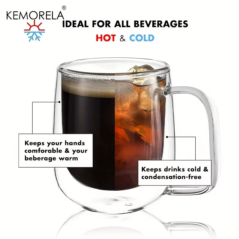 1/2PCS Double Wall Coffee Cup with Handle Clear Glass Coffee Cup for Ice Coffee Tea Cup Latte Drink Heat Resistant Mugs