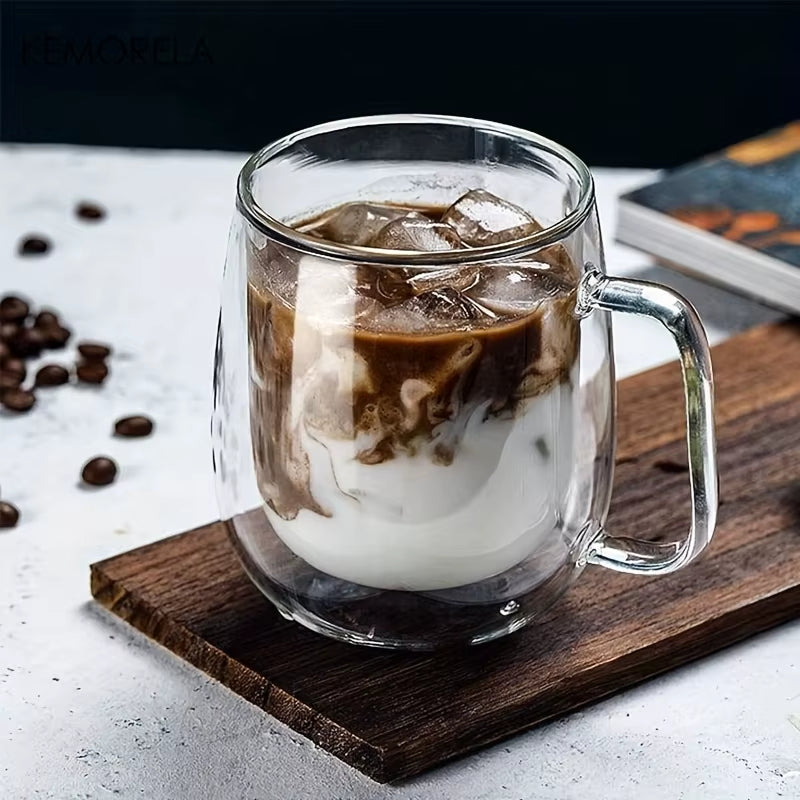 1/2PCS Double Wall Coffee Cup with Handle Clear Glass Coffee Cup for Ice Coffee Tea Cup Latte Drink Heat Resistant Mugs