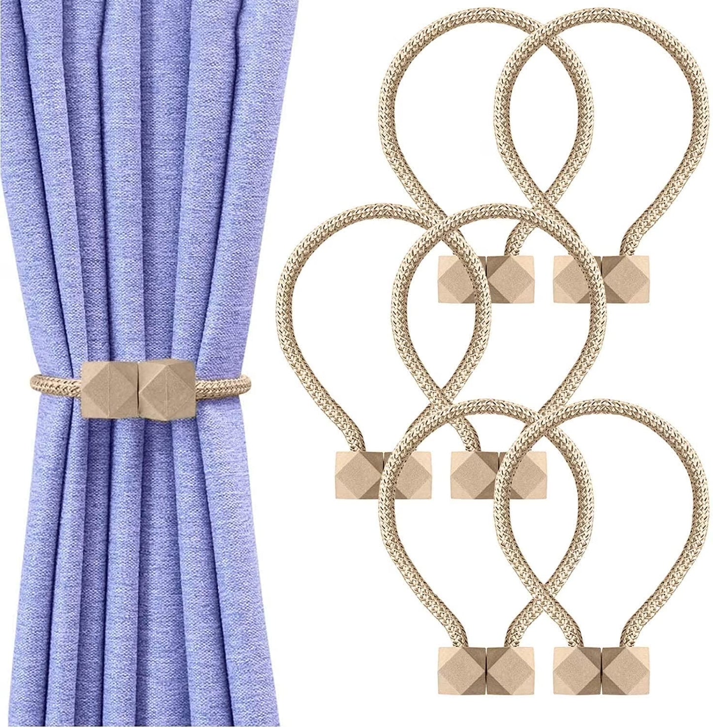 6 Pieces Magnetic Curtain Tieback, European Curtain Drapes Clips Rope Holdbacks Curtain Holder Buckles, Decorative Drape Tie Backs Holdback Holder for Window Draperies (Beige)