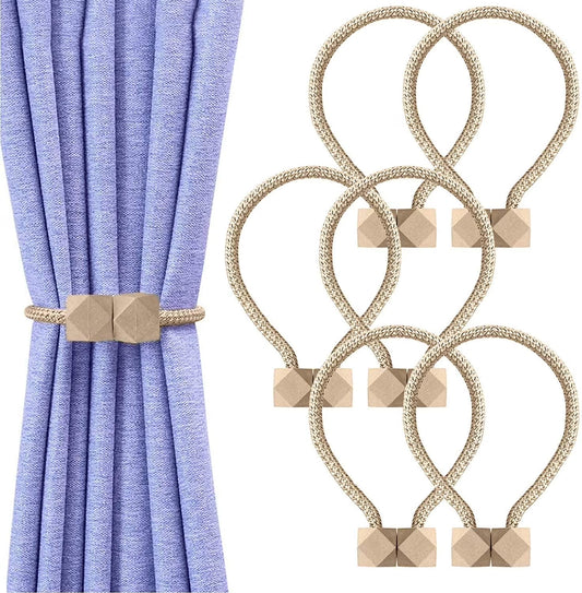 6 Pieces Magnetic Curtain Tieback, European Curtain Drapes Clips Rope Holdbacks Curtain Holder Buckles, Decorative Drape Tie Backs Holdback Holder for Window Draperies (Beige)