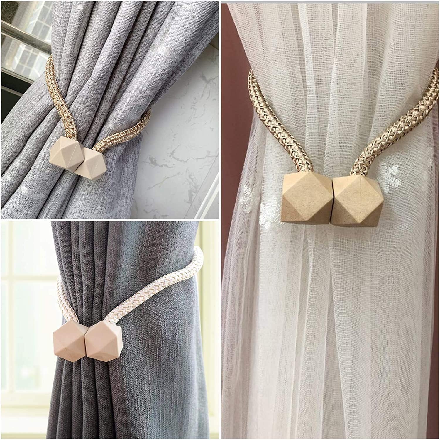6 Pieces Magnetic Curtain Tieback, European Curtain Drapes Clips Rope Holdbacks Curtain Holder Buckles, Decorative Drape Tie Backs Holdback Holder for Window Draperies (Beige)